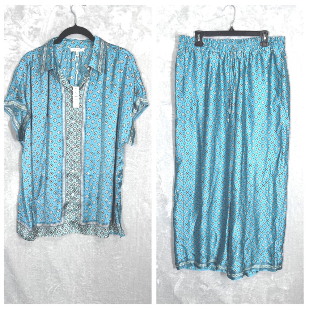 Max Studio Women's XL Set Pajamas Teal Blue Paisley Print Top Pants Lounge New